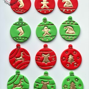 Christmas tree baubles handmade edible fondant 12 cupcake Toppers Christmas edible decoration for children cupcakes Christmas party decor