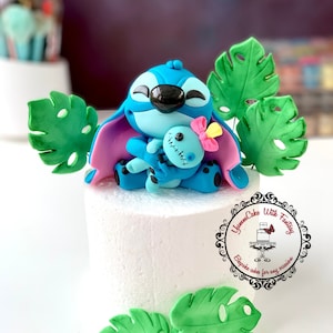 Handmade Stitch inspired and 5 leaves edible fondant birthday cake topper , stitch edible  figure for kids birthday cake