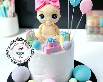 Cute Baby girl  handmade edible fondant  birthday cake topper , first birthday cake decoration