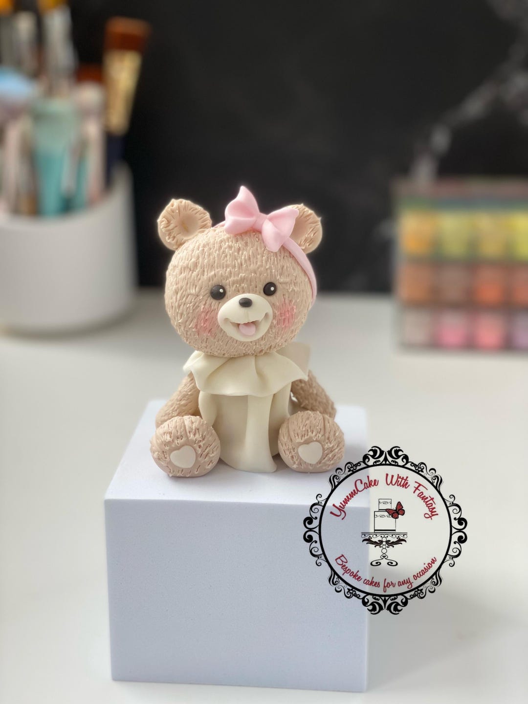 Teddy Bear With Bow Handmade Edible Fondant Birthday Christening Cake ...