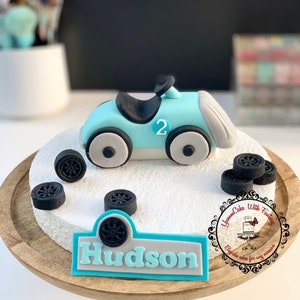 Vintage Race Car ,name plaque and wheels handmade Edible fondant Birthday boy Cake Topper, fondant vintage race car decoration for kids cake