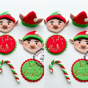 Christmas elf , Santa, Christmas elves handmade edible fondant 12 cupcake Toppers red and Green Christmas decorations for cupcakes and cakes