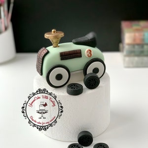 Vintage Race Car (Approx 13cm wide, 10cm tall) and wheels handmade Edible fondant Birthday boy Cake Topper . We can customise the colours