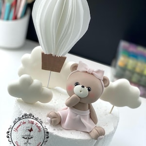 Cute Teddy Bear, the air balloon , clouds handmade edible fondant birthday cake topper, teddy bear edible figurine for kids birthday party