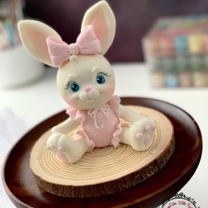 Simpatico coniglietto (alto circa 14 cm) realizzato a mano in pasta di zucchero commestibile per torta di compleanno, figura di coniglietto per torta per primo compleanno, battesimo, baby shower
