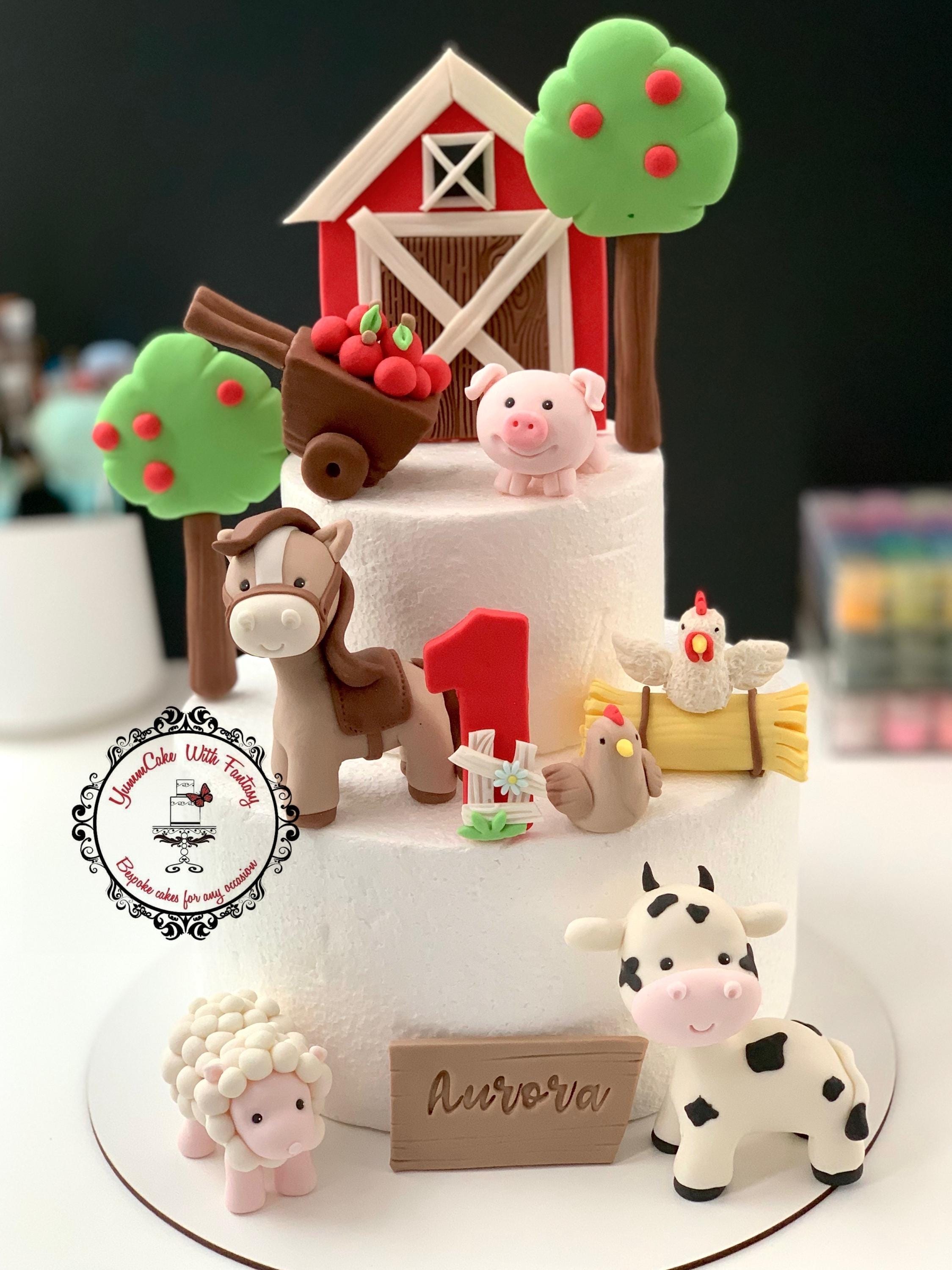 Bauernhof-Kuchenaufsätze Set - Mit Traktor, Kuh, Schwein, Huhn & Bäumen