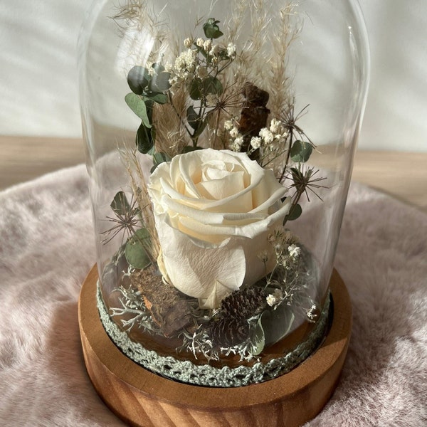 Cloche avec rose éternelle et fleurs séchées