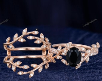 Anillo de compromiso vintage de ónix negro, anillo de boda art déco, anillo de boda de moissanita único, anillo de hoja, anillo de novia de ónix.