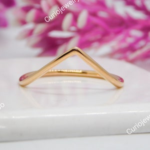 Anello sottile impilabile in oro rosa massiccio 14k, anello curvo unico da indossare ogni giorno, anello sottile a forma di forcella a zig-zag, anello minimalista per donna