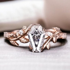 Unique Coffin Cut Moissanite Ring Engagement Ring, Art Deco Wedding Floral Ring , Unique Bridal Diamond Ring Yellow Gold Gothic Ring For Her