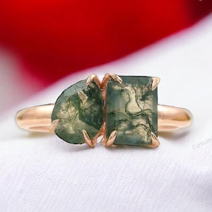 Emerald & Pear Cut Birthstone Ring, Vintage Moss Agate Engagement Ring, Green Moss Agate Wedding Ring, Valentines Day Gift For Her