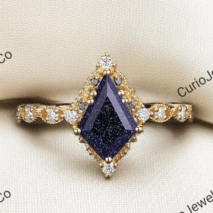 Vintage Kite Cut Blue Sandstone Engagement Ring Solitaire Wedding Ring Star Galaxy Stacking Cluster Ring Alternative Ring Bridesmaid Gifts