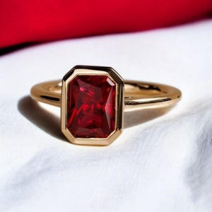 2CT Baguette Red Ruby Solitaire Ring, 14K Yellow Gold Ruby Engagement Ring, Bezel Setting, Statement Ring Sterling Silver Ring For Women