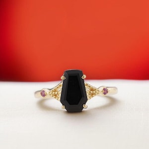 Handmade Coffin cut Black Onyx Engagement Ring, 925 Sterling Silver Ring, Onyx Wedding Ring, Promise Ring Bridal Ring Christmas Gift For Her
