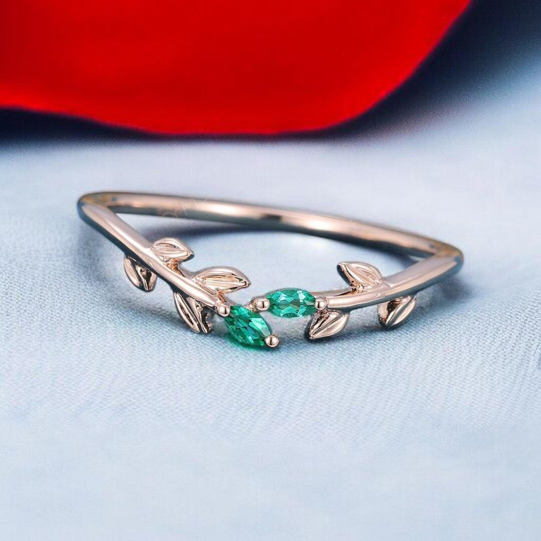 Marquise Cut Emerald Wedding Band Unique Yellow Gold Leaf Branch ...