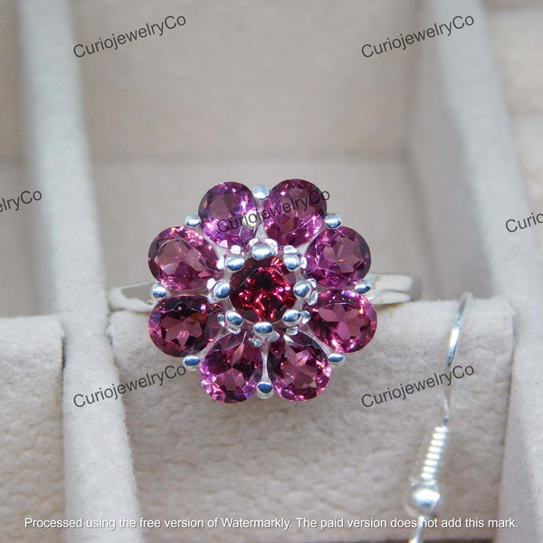 Vintage Germany Sterling Silver Red Garnet Floral bohemian Garnet cluster ring Engagement Ring  Women Halo Promise Ring-January Birthstone