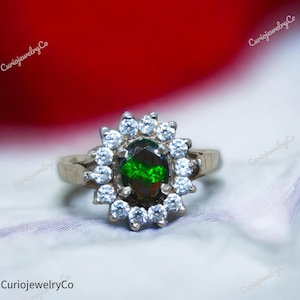 Anello di fidanzamento con alone di opale nero, anello di promessa, anello di nozze in argento sterling con opale, anello di diamanti, anello di anniversario regalo di compleanno per lei