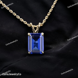 Emerald Cut Blue Sapphire Necklace, Baguette Cut Sapphire September Birthstone Necklace,  Bridesmaid Gifts Necklace for Her, Christmas Gift