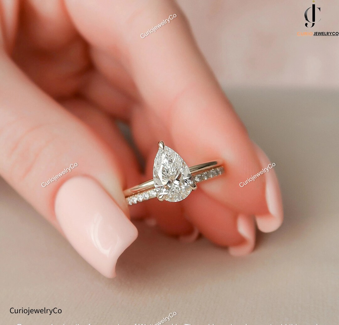 Lab Grown Diamond Engagement Ring Diamond Simulant Hidden Halo Ring,  Diamond Moissanite Bridal Matching Wedding Ring Set Dual Ring Set