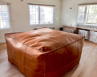 Puf cuadrado de cuero, puf marrón, puf marroquí, puf hecho a mano