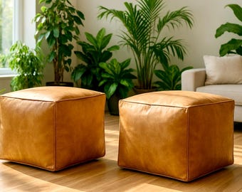 50% de descuento, juego de 2 pufs cuadrados de cuero, puf marrón, puf marroquí, puf hecho a mano.
