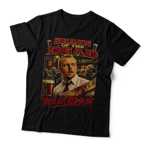 May include: A black t-shirt featuring a graphic print from the film Shaun of the Dead. The design includes a central portrait of a man, zombies, a pub sign, beer glasses, and the text Shaun of the Dead and You've Got Red on You.
