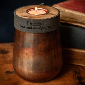 Human Urn for Cremation Ashes in Distressed Copper, Small Size with Smoke Grey Leather, Modern Candle Urn, Option to Personalised