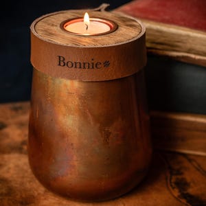 Pet Urn for Cremation Ashes in Distressed Copper, Small Size with Cognac Brown Leather, Modern Candle Urn, Option to Personalised