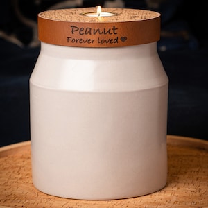 Pet Urn For Cremation Ashes, Large Size, Mist Grey with Cognac Brown Leather, Handmade, Personalise, Free Duty Paid Shipping