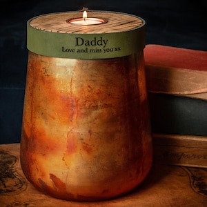 Human Urn for Cremation Ashes in Distressed Copper, Large Size with British Racing Green Leather, Modern Candle Urn, Option to Personalised
