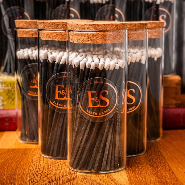 Luxury Matches In A Stylish Glass Jar With Cork Stopper | A Beautiful Accessory | 80 Per Jar | Black With With Tip |