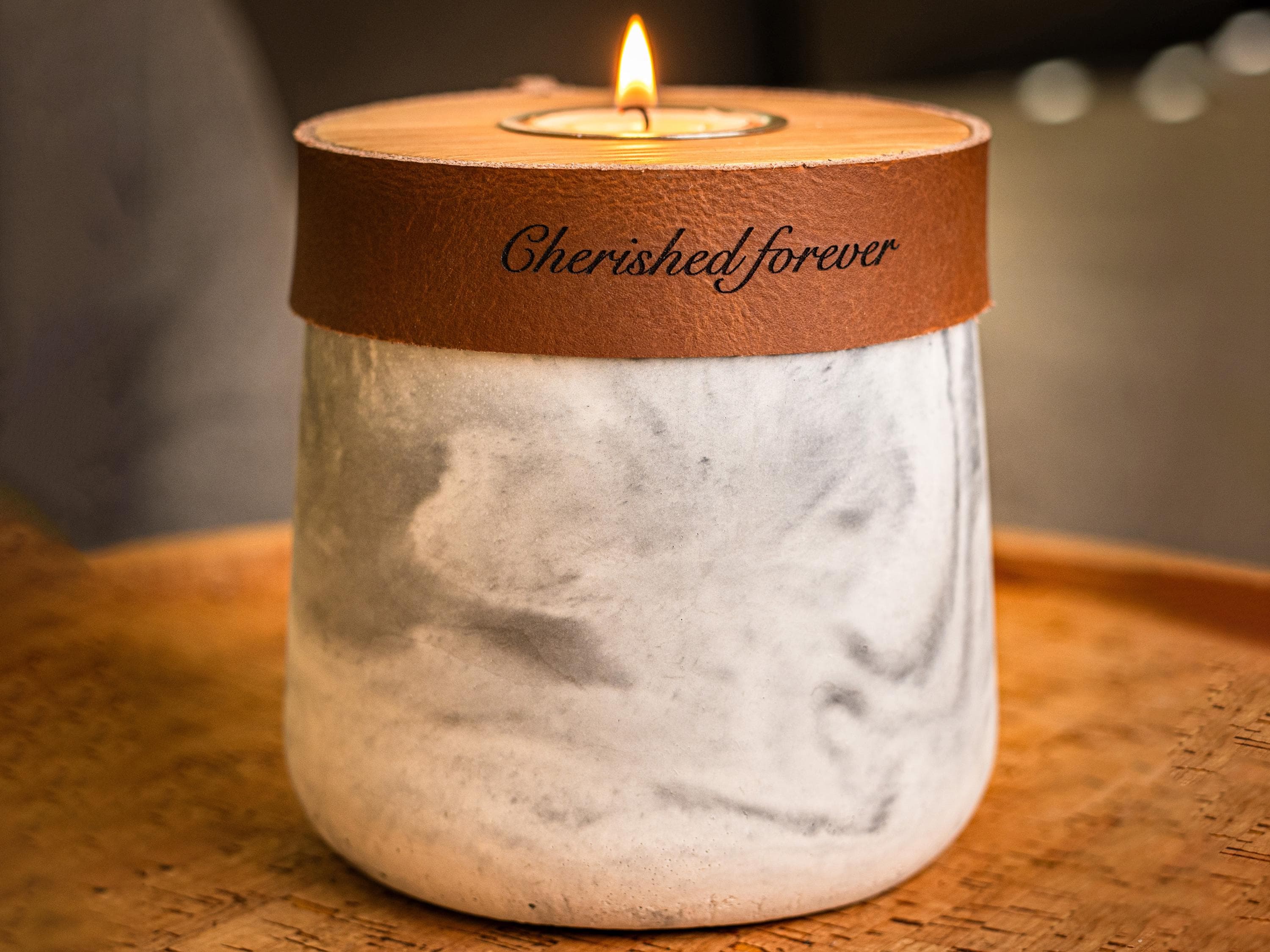 Human Urn for Cremation Ashes, Small Size Urn, White & Grey Marble Finish, Cognac Leather, Handmade, Personalised, Free Duty Paid Shipping