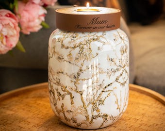 Floral Cremation Human Urn: Cognac Leather Band, Personalizable, Holds 85kg Pre Cremation weight