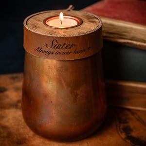 Human Urn for Cremation Ashes in Distressed Copper, Small Size with Cognac Brown Leather, Modern Candle Urn, Option to Personalise