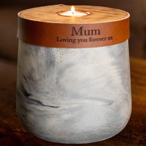 Human Urn for Cremation Ashes, Medium Size Urn, Modern Candle Urn, Grey Marble Finish with Cognac Brown Leather, Handmade, Personalise