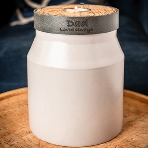 Human Urn For Cremation Ashes, Large Size, Modern Candle Urn, Mist Grey with Smoke Grey Leather, Handmade, Personalise