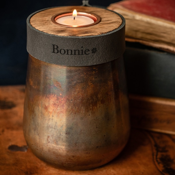 Dog Urn For Cremation Ashes In Distressed Copper. Small Size. Complimented With Deep Smoke Grey Leather. Choice Of Personalisation.