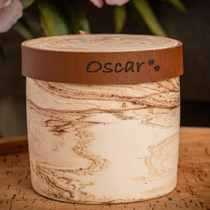 Pet Extra Small Urn, Beige Marble Jesmonite with Cognac Leather, Holds up to 7kg Pre Cremation Weight, Handmade, Personalised
