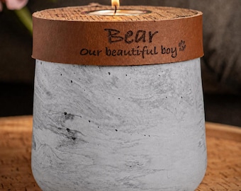 Handmade Grey Marble Concrete Pet Urn with Cognac Leather: Small Size, Personalized Memorial