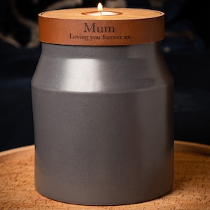 Human Urn For Cremation Ashes, Large Size, Modern Candle Urn, Slate Grey with Cognac Brown Leather, Handmade, Personalise