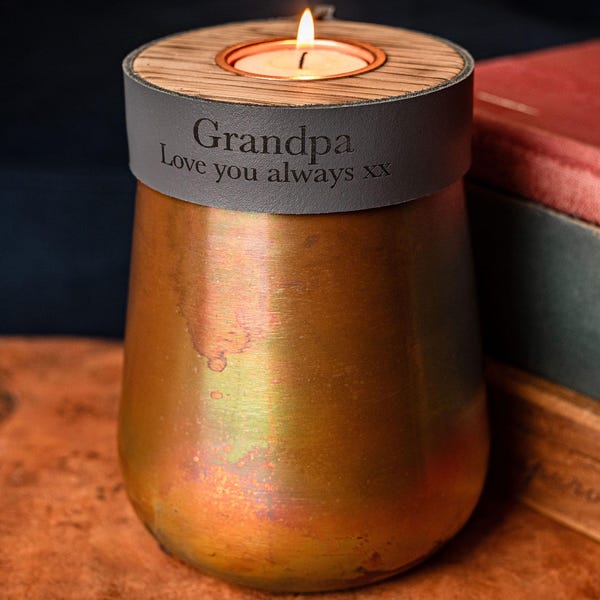 Urna de cremación humana de cobre envejecido: tamaño pequeño, cuero gris ahumado, opción personalizada