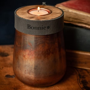 Pet Urn for Cremation Ashes in Distressed Copper, Small Size with Smoke Grey Leather, Modern Candle Urn, Option to Personalised