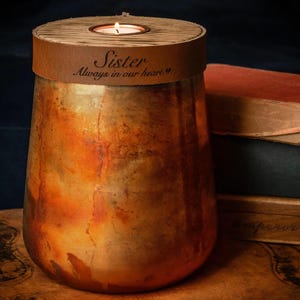 Human Urn for Cremation Ashes in Distressed Copper, Large Size with Cognac Brown Leather, Option to Personalise, Free Duty Paid Shipping