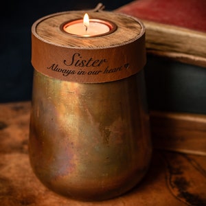 Human Urn For Cremation Ashes In Distressed Copper. Small Size Complimented With Beautiful Cognac Brown Leather. Choice Of Personalisation.