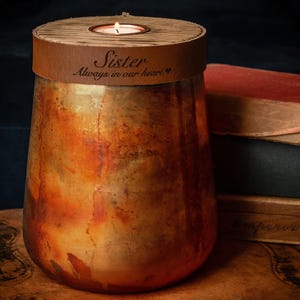 Human Urn for Cremation Ashes in Distressed Copper, Large Size with Cognac Brown Leather, Modern Handmade Candle Urn, Option to Personalised