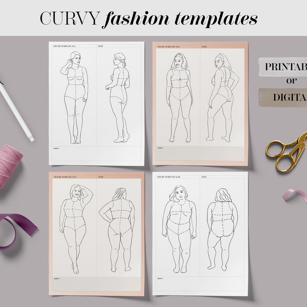 Curvy Printable Fashion Template Bundle Set Of 4, Realistic Plus Size Figure Croquis, Printable Fashion Illustration Mockup, Sewing Planner