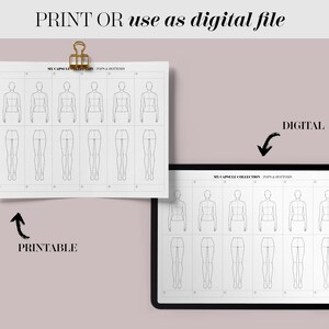 May include: Printable and digital fashion templates for designing a capsule wardrobe. The templates feature a series of female figures in different poses, with space to draw clothing designs on each figure. The text "My Capsule Collection Tops & Bottoms" is at the top of the template.