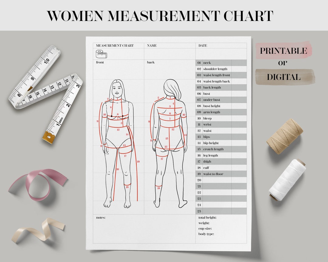 Body Size Chart Printable Digital Women Body Measurement - Etsy