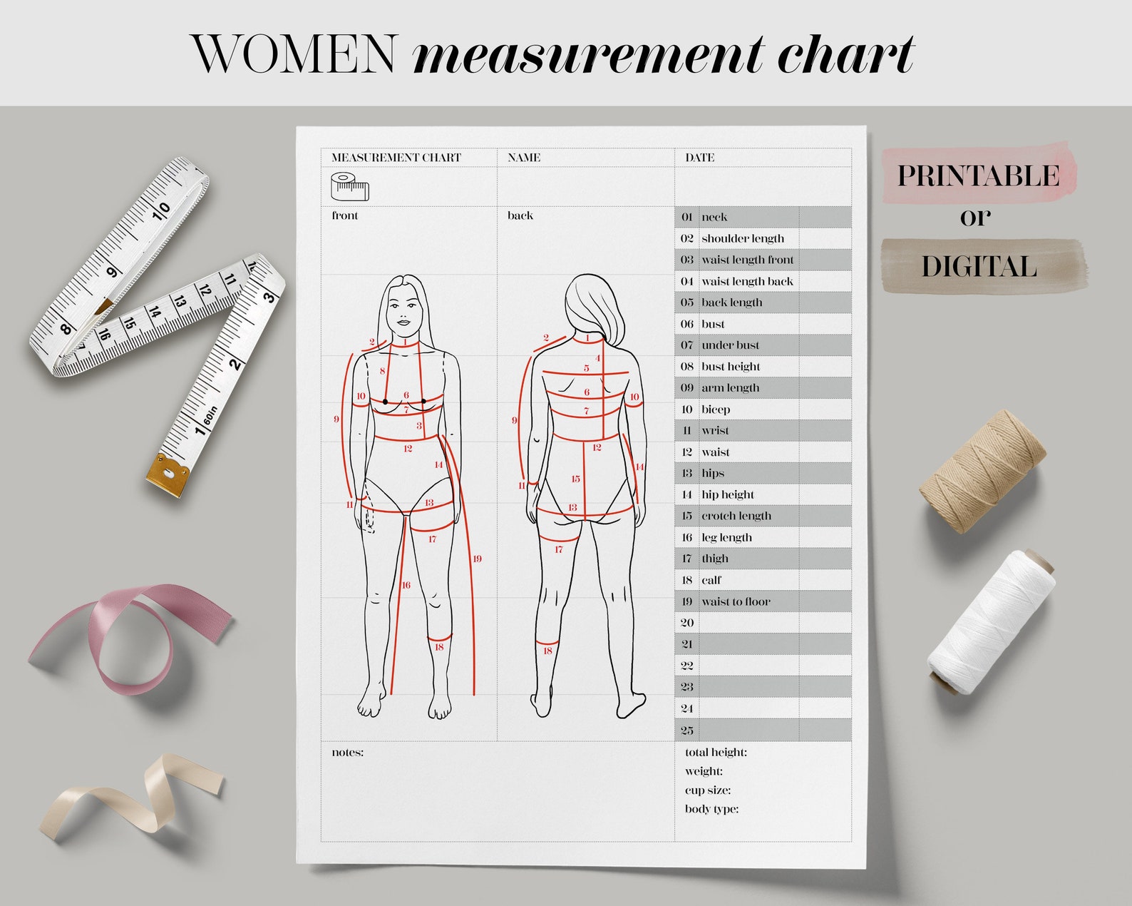 Complete Measurements Body Size Chart Printable Digital Women Body Measurement Template ...