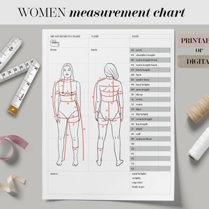 Körpermaßtabelle druckbare digitale Frauen Körpermaß Vorlage, Nähen Größentabelle, Körpermaße Tracker, ausfüllbare Modemessung